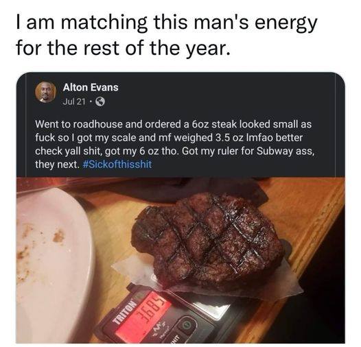 This meme is a screenshot of a tweet from a Twitter user named "Alton Evans" that has been turned into a meme. The tweet reads: "I am matching this man's energy for the rest of the year." The image below the text shows a photo of a steak on a plate, with a scale in the background that says "350g" and a steak knife with the words "350g" written on it in a messy, handwritten font. The image is captioned with a quote from the tweet: "I am matching this man's energy for the rest of the year."